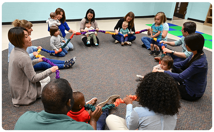 A group of families sitting in a circle at Music Together class