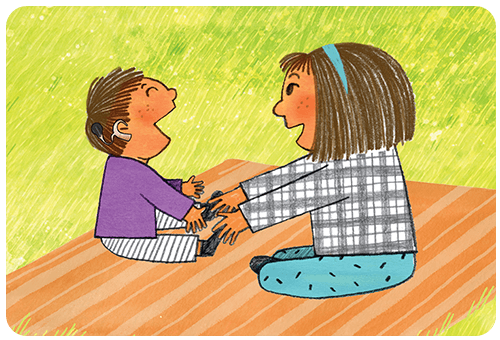 Illustration of mom and child with cocklier implant facing each other and sitting on a blanket